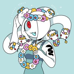 Rule 34 | 1girl, aqua background, aqua flower, flower, hair over one eye, hand up, head wreath, highres, holding, holding wreath, jewelry, living hair, long hair, necklace, open mouth, original, panapana, peone (panapana), pink flower, red eyes, simple background, smile, snake hair, solo, tattoo, upper body, white flower, white hair, yellow flower