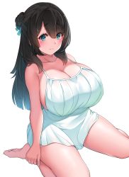 Rule 34 | 1girl, absurdres, bare arms, bare legs, bare shoulders, barefoot, blue eyes, blush, breasts, brown hair, cleavage, closed mouth, dot nose, dress, artistic error, hair bun, highres, huge breasts, long hair, looking at viewer, original, simple background, single hair bun, sitting, solo, suruga (xsurugax), wariza, white background, white dress, wrong foot