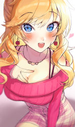 Rule 34 | 1girl, bare shoulders, blonde hair, blue eyes, blurry, blush, breasts, chain necklace, cleavage, collarbone, cowboy shot, depth of field, earrings, from above, fujima (k114), heart, heart necklace, high-waist skirt, highres, idolmaster, idolmaster cinderella girls, jewelry, large breasts, leaning forward, long hair, long sleeves, looking at viewer, necklace, off-shoulder sweater, off shoulder, ohtsuki yui, open mouth, pink sweater, pom pom (clothes), pom pom earrings, ribbed sweater, sidelocks, simple background, skirt, smile, solo, sweater, tsurime, v, wavy hair