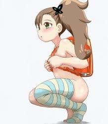 Rule 34 | 1girl, :o, ass, asymmetrical hair, backpack, bag, barefoot, blush, breast press, breasts, brown hair, chousoku henkei gyrozetter, feet, green eyes, hair ornament, inaba rinne, long hair, medium breasts, navel, no shoes, nude, open mouth, parted lips, pink background, randoseru, side ponytail, simple background, single thighhigh, socks, solo, squatting, striped clothes, striped socks, striped thighhighs, thighhighs, toes, tof