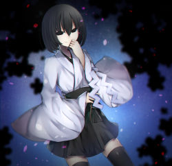 Rule 34 | 1girl, absurdres, black eyes, black hair, black sash, black skirt, black thighhighs, blue background, blurry, blurry background, bob cut, breasts, closed mouth, commentary, covering own mouth, empty eyes, foliage, furisode, gohei, hair between eyes, hair strand, hand to own mouth, highres, japanese clothes, kimono, long sleeves, looking at viewer, miko, monogatari (series), night, nontraditional miko, obi, oshino ougi, petals, sash, short hair, short kimono, skindentation, skirt, small breasts, smile, solo, t33h8703, thighhighs, white kimono, wide sleeves, zettai ryouiki