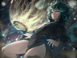 Rule 34 | 1girl, black dress, blue eyes, breasts, closed mouth, dress, frown, green eyes, green hair, heterochromia, long sleeves, looking at viewer, medium hair, motion blur, one-punch man, side slit, small breasts, solo, tagame (tagamecat), tatsumaki