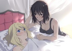 Rule 34 | 2girls, amazuki jou, andou (girls und panzer), bed sheet, black footwear, black hair, black tank top, blonde hair, blue eyes, blush, breast rest, breasts, brown eyes, cleavage, closed mouth, clothed female nude female, collarbone, commentary request, couple, dark-skinned female, dark skin, elbow rest, eye contact, eyelashes, female focus, girls und panzer, hair between eyes, hand in own hair, holding hands, indoors, interracial, kneeling, leaning forward, looking at another, lying, medium breasts, messy hair, multiple girls, neck, nude, on back, on bed, oshida (girls und panzer), pillow, shade, short hair, smile, sunlight, tank top, under covers, yuri