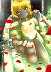 Rule 34 | 10s, 1girl, arm support, bad id, bad pixiv id, barefoot, bath, bathtub, blonde hair, blush, blush stickers, censored, convenient censoring, crossed legs, fang, feet, flat chest, foot focus, foreshortening, hair censor, hands in hair, highres, legs, long hair, looking at viewer, monogatari (series), nisemonogatari, nude, oshino shinobu, petals, rose petals, sitting, smile, soles, solo, stained glass, swordsouls, toenails, toes, water, wet, yellow eyes