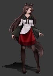 Rule 34 | 1girl, absurdres, adapted costume, animal ears, black pantyhose, brown hair, commentary request, dress, fang, fang out, full body, grey background, highres, imaizumi kagerou, inoshin (inixia1748), long hair, monochrome background, neckerchief, pantyhose, red eyes, shadow, short dress, simple background, smile, solo, split mouth, standing, tail, touhou, very long hair, wide sleeves, wolf ears, wolf tail