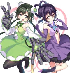 Rule 34 | 10s, 2girls, :d, :p, armpits, bad id, bad pixiv id, bare shoulders, black footwear, black hair, black legwear, blush, bow, bowtie, braid, bug, butterfly, center opening, circle skirt, dress, elbow gloves, gloves, green dress, green eyes, hair rings, hand gesture, high heels, highres, hinata kagari, hinata matsuri, insect, leg up, looking at viewer, magical girl, mahou shoujo madoka magica, mahou shoujo madoka magica (anime), mahou shoujo suzune magica, mechanical hands, midriff, multiple girls, navel, open mouth, outstretched arm, outstretched hand, pantyhose, purple dress, purple gloves, senri gan, shoes, siblings, simple background, single mechanical hand, sisters, smile, standing, standing on one leg, thighhighs, tongue, tongue out, twintails, v, white background