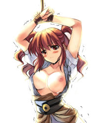Rule 34 | 1girl, arms up, bdsm, blush, bondage, bound, breasts, breasts apart, female focus, hair bobbles, hair ornament, large breasts, nipples, onozuka komachi, open clothes, red eyes, red hair, rei (artist), rei (rei&#039;s room), short hair, simple background, solo, touhou, twintails, two side up