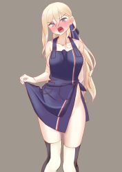 Rule 34 | 1girl, apron, blonde hair, blue apron, blue eyes, blush, breasts, collarbone, commentary request, cowboy shot, grey background, hair between eyes, kantai collection, large breasts, long hair, looking at viewer, mole, mole under eye, mole under mouth, naked apron, nose blush, open mouth, richelieu (kancolle), simple background, solo, standing, sun fle, teeth, thighhighs, two-tone legwear