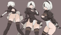 Rule 34 | 1girl, ass, black dress, black gloves, black thighhighs, blindfold, boots, breasts, cleavage, cleavage cutout, clothing cutout, dress, gloves, hairband, large breasts, leotard, leotard shot, long sleeves, mole, mole under mouth, morisawa haruyuki, multiple views, nier (series), nier:automata, no pants, puffy sleeves, short dress, short hair, simple background, sketch, sword, thigh boots, thighhighs, upskirt, weapon, white hair, white leotard, 2b (nier:automata)