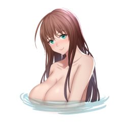 Rule 34 | 1girl, ahoge, bare shoulders, blush, breasts, brown hair, collarbone, commentary request, completely nude, green eyes, huge breasts, kurone rinka, lips, long hair, looking at viewer, nude, original, partially submerged, simple background, smile, solo, upper body, white background