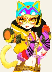 Rule 34 | 1girl, animal ear headphones, animal ears, animification, apex legends, blonde hair, cat ear headphones, cat tail, fake animal ears, grey background, headphones, hood, hood up, jacket, midriff, motsu (astronomy0007), multicolored clothes, multicolored jacket, navel, official alternate costume, paw pose, purple jacket, short hair, shoulder spikes, solo, spikes, sunglasses, tail, thunder kitty wattson, tongue, tongue out, twitter username, two-tone jacket, wattson (apex legends), yellow jacket