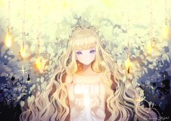 1girl bad_id bad_twitter_id blonde_hair collarbone copyright_request cupping_hands dress female_focus fujimi_nanna head_tilt long_hair long_pointy_ears looking_at_viewer own_hands_together plant pointy_ears purple_eyes solo sparkle twitter_username very_long_hair wavy_hair white_dress