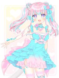 Rule 34 | 1girl, :d, bare shoulders, blue dress, blue hair, blush, commentary request, commission, double bun, dress, earrings, flower-shaped pupils, hair bun, heart, heart background, highres, jewelry, lace, lace-trimmed legwear, lace trim, long hair, looking at viewer, multicolored hair, open mouth, original, pink eyes, pink hair, pink thighhighs, shikito (yawa0w0), skeb commission, sleeveless, sleeveless dress, smile, solo, standing, symbol-shaped pupils, thighhighs, twintails, two-tone hair