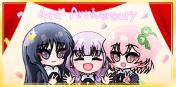 3girls :d ^_^ anniversary assault_lily black_hair black_ribbon blunt_bangs border braid brown_background chibi closed_eyes closed_mouth clover_hair_ornament commentary confetti curtains facing_viewer four-leaf_clover_hair_ornament gradient_background hair_ornament hand_up hands_up hitotsuyanagi_riri hitotsuyanagi_yuri long_sleeves looking_at_viewer low_twin_braids low_twintails multiple_girls neck_ribbon one_side_up open_hands open_mouth pink_eyes pink_hair purple_eyes purple_hair ribbon school_uniform shirai_yuyu side-by-side sidelocks smile twin_braids twintails upper_body v yellow_border yui_(yui1115_) yurigaoka_girls_academy_school_uniform