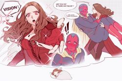 Rule 34 | 1boy, 1girl, android, animification, blush, bodysuit, brown hair, cape, coat, commentary, couple, dreaming, english commentary, english text, fingerless gloves, gloves, highres, long hair, looking at viewer, marvel, marvel cinematic universe, qin (7833198), red bodysuit, red coat, red eyes, red gloves, scarlet witch, sleeping, vision (marvel), yellow cape