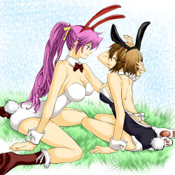 Rule 34 | 00s, 2girls, :p, animal boots, animal ears, arm support, back, bad id, bad pixiv id, bare back, bare legs, bare shoulders, boots, bow, bowtie, breasts, brown hair, chelsea masa, cleavage, closed eyes, colorized, detached collar, fake animal ears, female focus, grass, hair ornament, hairclip, hand on another&#039;s head, highres, large breasts, legs, leotard, long hair, looking at another, lyrical nanoha, mahou shoujo lyrical nanoha, mahou shoujo lyrical nanoha strikers, multiple girls, no bra, pink hair, playboy bunny, ponytail, rabbit ears, rabbit tail, short hair, signum, sitting, smile, tail, tongue, tongue out, wrist cuffs, yagami hayate, yuri