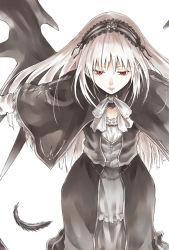 Rule 34 | 00s, 1girl, black wings, bow, capelet, chain, dress, feathers, flower, gothic lolita, hairband, lolita fashion, lolita hairband, looking down, outstretched arms, raid slash, red eyes, ribbon, rose, rozen maiden, silver hair, solo, suigintou, wings