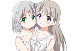 Rule 34 | 2girls, ame., blonde hair, blush, breasts, cheek-to-cheek, cleavage, eila ilmatar juutilainen, green eyes, heads together, hug, long hair, multiple girls, nightgown, purple eyes, sanya v. litvyak, short hair, silver hair, simple background, small breasts, smile, strike witches, white background, world witches series