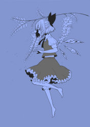 Rule 34 | 1girl, barefoot, blouse, blue background, blue theme, bow, cirno, collared shirt, flying, from side, full body, hovering, leaf, monochrome, petals, plant, profile, ribbon, shirt, short hair, simple background, solo, takanashi minato, touhou, tree, white shirt, wings