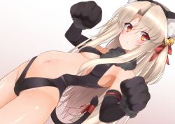 Rule 34 | 1girl, animal ears, animal hands, armpits, bare legs, bare shoulders, bell, blonde hair, breasts, cat ears, cat tail, catsuit, cleavage, closed mouth, cowboy shot, dangeroes beast (illya), dutch angle, fake animal ears, fate/kaleid liner prisma illya, fate (series), female focus, gradient background, hair bell, hair ornament, hair ribbon, hechi (hechi322), illyasviel von einzbern, leotard, looking at viewer, navel, official alternate costume, paw pose, red ribbon, ribbon, shiny skin, small breasts, solo, standing, tail, tail bell, tail ornament, tail ribbon