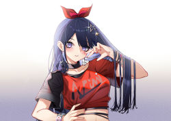 Rule 34 | 1girl, a-soul, absurdres, akinatsu meguru, bella (a-soul), black collar, black hair, black shirt, blush, bow, bracelet, breasts, collar, commentary request, crop top, earrings, eyes visible through hair, hair bow, hair ornament, hand on own hip, hand up, heart, heart earrings, highres, jewelry, long hair, looking at viewer, medium breasts, midriff, mole, mole under eye, nail polish, parted lips, pink nails, purple eyes, red bow, red shirt, shirt, single sleeve, solo, star (symbol), star hair ornament, upper body, virtual youtuber