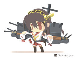 Rule 34 | 10s, 1girl, bad id, bad pixiv id, brown hair, chameleon man (three), chibi, flat color, hair between eyes, hairband, haruna (kancolle), kantai collection, long hair, no lineart, red eyes, simple background, white background