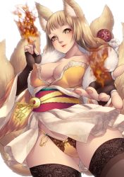 Rule 34 | 1girl, animal ears, bad id, bad pixiv id, blonde hair, breasts, cleavage, fingerless gloves, fire, fire, foreshortening, fox ears, fox tail, gloves, highres, large breasts, long hair, multiple tails, naidong (artist), obi, original, panties, sash, tail, thighhighs, underwear, yellow eyes