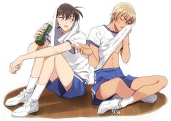 Rule 34 | 2boys, alternate universe, amuro tooru, blonde hair, blue eyes, blue shorts, bottle, brown hair, closed eyes, clothes lift, commentary request, gym shirt, gym shorts, hair between eyes, holding, holding bottle, indian style, k (gear labo), kudou shin&#039;ichi, lifting own clothes, looking at another, male focus, meitantei conan, multiple boys, open mouth, shirt, shirt lift, shoes, short hair, short sleeves, shorts, simple background, sitting, sneakers, socks, sweatdrop, toned, toned male, water bottle, white background, white footwear, white shirt, white socks, wiping face