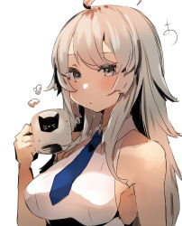 Rule 34 | 1girl, ahoge, blue necktie, blush, breasts, closed mouth, collared shirt, cup, grey eyes, grey hair, highres, holding, holding cup, kantai collection, long hair, looking at viewer, medium breasts, mug, necktie, shirt, simple background, sleeveless, sleeveless shirt, solo, sunday aki, upper body, washington (kancolle), white background, white shirt
