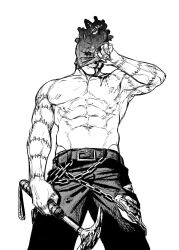 Rule 34 | 1boy, abs, bara, blood on pectorals, cowboy shot, dorohedoro, from below, greyscale, hammer, highres, large pectorals, looking at viewer, male focus, mask lift, monochrome, muscular, muscular male, navel, nipples, pectorals, pedro renji, shin (dorohedoro), solo, stitched arm, stitched fingers, stitches, stomach, topless male