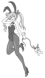 Rule 34 | 1girl, animal ears, bow, bowtie, breasts, cleavage, detached collar, fake animal ears, greyscale, high heels, leotard, medium breasts, monochrome, open mouth, original, pantyhose, playboy bunny, poorgom, rabbit, rabbit ears, rabbit tail, rope, simple background, tail, twintails, wrist cuffs