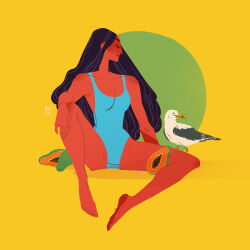 Rule 34 | 1girl, absurdres, arm support, artist logo, barefoot, bird, black hair, blue one-piece swimsuit, breasts, collarbone, commentary, dark-skinned female, dark skin, english commentary, facing to the side, feet, full body, hand on own knee, highres, long hair, one-piece swimsuit, original, papaya, profile, samanthamashart, seagull, sitting, solo, spread legs, swimsuit, toes, yellow background