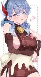 Rule 34 | 1girl, absurdres, ako (blue archive), annzuwann, bare shoulders, bell, black hairband, blue archive, blue eyes, blue hair, blue halo, blush, breasts, brown dress, cowboy shot, detached sleeves, dress, hair between eyes, hairband, halo, heart, highres, large breasts, long hair, neck bell, official alternate costume, open mouth, sideboob, solo