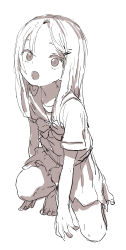 Rule 34 | 1girl, :o, absurdres, barefoot, commentary, full body, greyscale, hair ornament, hairclip, highres, long hair, looking at viewer, monochrome, on one knee, open mouth, original, pleated skirt, sailor collar, school uniform, serafuku, short hair, short sleeves, simple background, sketch, skirt, solo, white background, yamamoto souichirou