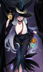 Rule 34 | 1girl, black gloves, breasts, circe (last origin), cleavage, curtains, flask, gloves, green eyes, hat, highres, holding, huge breasts, korean commentary, last origin, long hair, looking at viewer, mel (dodosae), name tag, open mouth, purple hair, rope, scarf, solo, striped clothes, striped scarf, test tube, very long hair, witch, witch hat