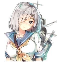 Rule 34 | 10s, 1girl, aliasing, blue eyes, blush, breasts, dated, eyes visible through hair, female focus, hair ornament, hair over one eye, hairclip, hamakaze (kancolle), hario 4, head tilt, kantai collection, large breasts, light frown, looking at viewer, machinery, radio antenna, school uniform, serafuku, short hair, silver hair, simple background, solo, twitter username, upper body, white background