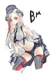 Rule 34 | 1girl, anno88888, armored boots, bare shoulders, black necktie, boots, breasts, closed mouth, crop top, cropped legs, headgear, highres, jacket, kantai collection, large breasts, long hair, looking at viewer, massachusetts (kancolle), medal, midriff, multicolored hair, necktie, open clothes, open jacket, red eyes, red hair, red thighhighs, short shorts, shorts, signature, simple background, solo, streaked hair, thigh boots, thighhighs, white background, white hair
