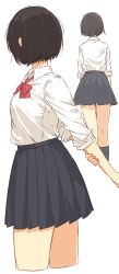 Rule 34 | 1girl, arm grab, arms behind back, black hair, bow, bowtie, collared shirt, cropped legs, from behind, from side, highres, holding own arm, long sleeves, looking to the side, matsuda hikari, multiple views, nikotamu, original, pleated skirt, school uniform, shirt, short hair, skirt, sleeves pushed up, white background