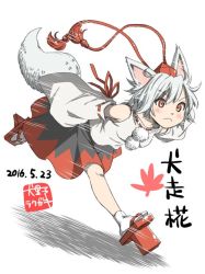 Rule 34 | 10s, 2016, animal ears, black skirt, blush, dated, detached sleeves, full body, geta, hat, inubashiri momiji, inuno rakugaki, motion lines, outstretched arms, pom pom (clothes), red eyes, red skirt, ribbon trim, running, short hair, silver hair, simple background, skirt, socks, solo, tail, tokin hat, touhou, white background, white socks, wide sleeves, wolf ears, wolf tail