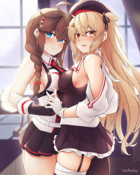 Rule 34 | 2girls, ahoge, arthur ko, ass, asymmetrical clothes, beret, black gloves, black headwear, blue eyes, braid, breast press, breasts, brown eyes, brown hair, commentary request, cowboy shot, fingerless gloves, gloves, hair flaps, hair over shoulder, hat, heterochromia, highres, kantai collection, light brown hair, long hair, looking at viewer, medium breasts, multiple girls, murasame (kancolle), murasame kai ni (kancolle), necktie, red eyes, red necktie, shigure (kancolle), shigure kai san (kancolle), shirt, single braid, sleeveless, sleeveless shirt, symmetrical docking, twitter username, two side up, white gloves