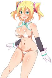 Rule 34 | 1girl, bikini, blonde hair, blush, breasts, cleavage, commentary request, detached collar, elbow gloves, gloves, green eyes, hacka doll, hacka doll 1, highres, large breasts, long hair, open mouth, seihekiog, side-tie bikini bottom, solo, swimsuit, twintails, white background, white bikini