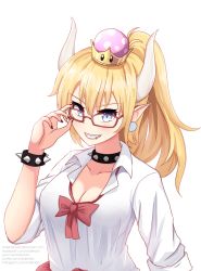 Rule 34 | 1girl, adjusting eyewear, alternate costume, ardenlolo, bespectacled, black bra, black nails, blonde hair, blue eyes, blush, bow, bowsette, bowtie, bra, bracelet, collared shirt, earrings, fangs, glasses, grin, gyaru, hair between eyes, horns, jewelry, kogal, lace, lace-trimmed bra, lace trim, long hair, looking at viewer, loose bowtie, mario (series), nail polish, new super mario bros. u deluxe, nintendo, open collar, outline, pixiv username, pointy ears, ponytail, red bow, red bowtie, school uniform, see-through, shirt, short sleeves, sidelocks, sleeves rolled up, smile, solo, spiked bracelet, spikes, super crown, underwear, upper body, watermark, web address, white background, white shirt