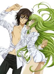 Rule 34 | 1boy, 1girl, breasts, brown hair, c.c., code geass, dress shirt, extraction, eye contact, green hair, hetero, highres, lelouch vi britannia, long hair, looking at another, naked shirt, navel, open mouth, purple eyes, shirt, transparent background, very long hair, yellow eyes