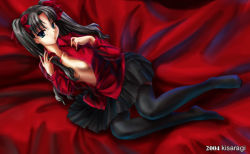 Rule 34 | 00s, 1girl, black hair, black thighhighs, blue eyes, fate/stay night, fate (series), hair ribbon, kisaragi (l-calena), legs, long hair, long legs, lying, on side, open clothes, open shirt, ribbon, shirt, skirt, solo, thighhighs, tohsaka rin, twintails, two side up, type-moon