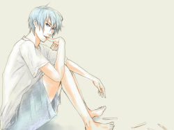 Rule 34 | 1boy, ataru (7noise), bad id, bad pixiv id, barefoot, blue eyes, blue hair, finger to mouth, full body, kaito (vocaloid), looking at viewer, male focus, matching hair/eyes, solo, vocaloid