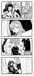 Rule 34 | 4koma, ?, absurdly long hair, alternate hairstyle, androgynous, apron, bookshelf, braid, cape, character request, chidouin sara, cloak, cloud, comic, commentary, crown, epaulettes, french braid, grass, greyscale, highres, jitome, kimi ga shine, long hair, monochrome, parody, pipoabubu, rapunzel, satou kai, shared speech bubble, silent comic, single braid, sitting, speech bubble, spoken question mark, symbol-only commentary, table, tiara, tilted headwear, tower, very long hair