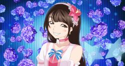 Rule 34 | 10s, 1girl, blush stickers, bokutachi wa hitotsu no hikari, bow, bowtie, earrings, floral background, flower, grin, hair flower, hair ornament, hairband, jewelry, long hair, looking at viewer, love live!, love live! school idol project, mimori suzuko, otsuki (aquatictai cqb), pink bow, pink bowtie, smile, solo, sonoda umi, star (symbol), striped background, striped bow, striped bowtie, striped clothes, striped neckwear, upper body, vertical stripes, voice actor