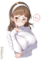 Rule 34 | 1girl, alternate costume, blush, breasts, brown eyes, brown hair, ebifurya, eyewear strap, glasses, headband, highres, kantai collection, large breasts, long sleeves, looking at viewer, open mouth, pince-nez, roma (kancolle), shirt, short hair, simple background, solo, twitter username, wavy hair, white background, white shirt