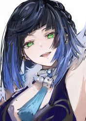 Rule 34 | 1girl, black hair, blue hair, blunt bangs, braid, breasts, cape, diagonal bangs, fur-trimmed cape, fur trim, gawako, genshin impact, gradient hair, green eyes, highres, jewelry, looking at viewer, mole, mole on breast, multicolored hair, necklace, open mouth, side braid, simple background, smile, solo, tassel, white background, yelan (genshin impact)