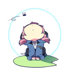 Rule 34 | :&lt;, arknights, arm pouch, artist name, blue footwear, blue jacket, blue poison (arknights), bug, circle, commentary, frog girl, hood, hood up, hooded jacket, jacket, karilometer, lily pad, looking up, low twintails, pink hair, shoes, simple background, solo, squatting, twintails, white background